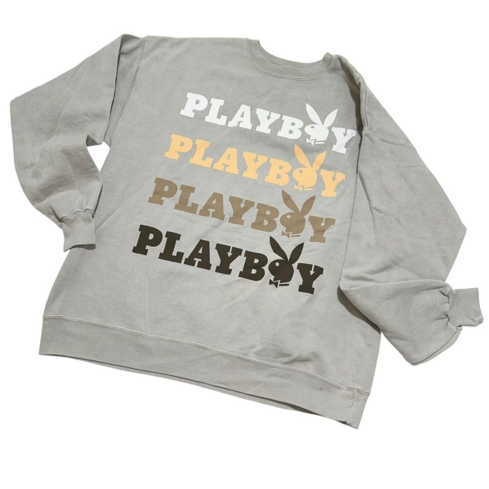 Playboy Women Size L Grey Stacked‎ Logo Graphic Crewneck Sweatshirt NEW